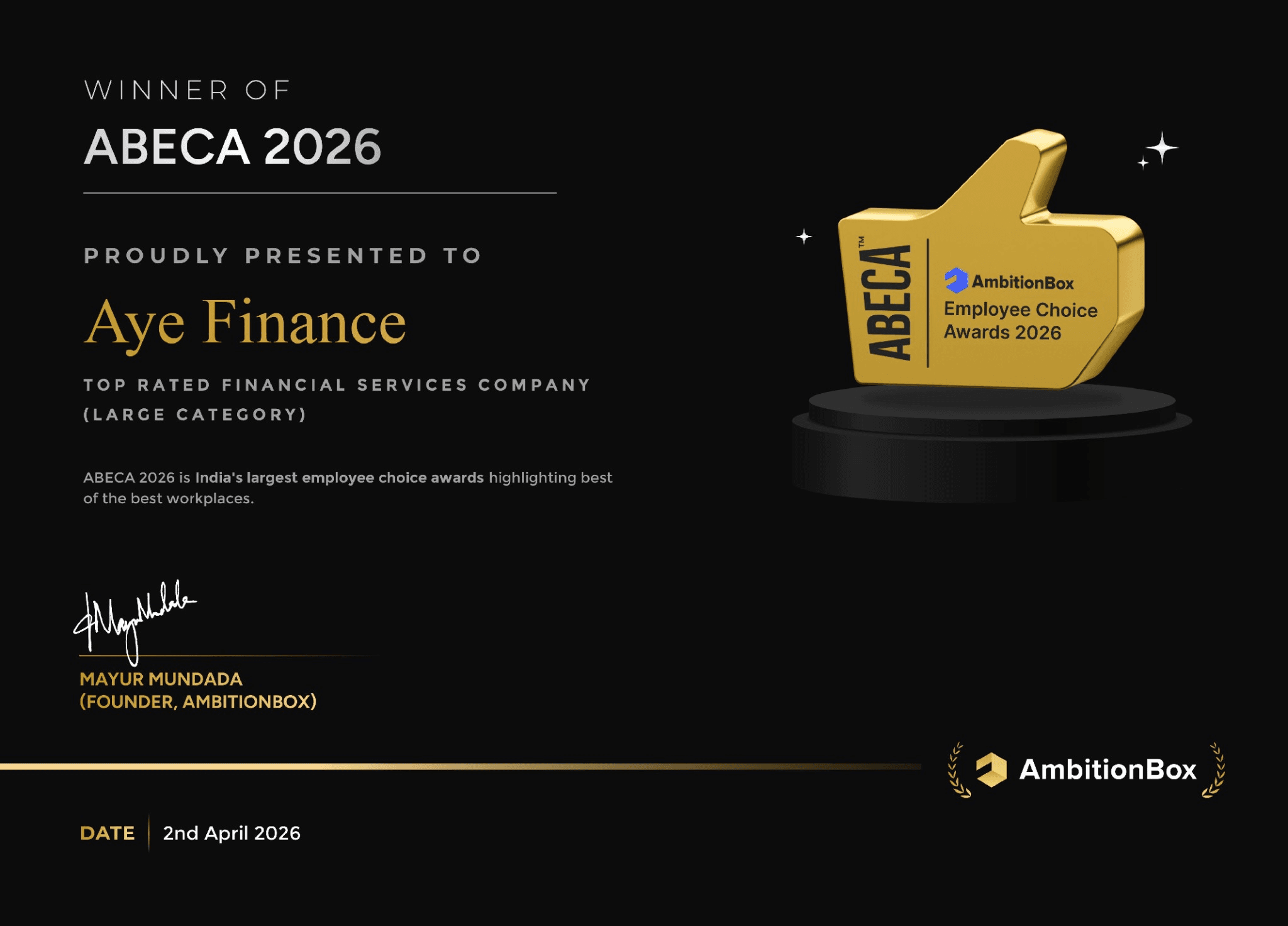 ABECA 2026 –Employee Choice Awards - Certificate